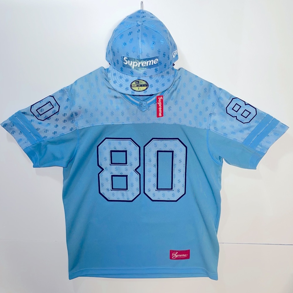 SUPREME Monogram Football Jersey Columbia Blue SS18 Medium)+SUPREME Hat **FLAW**